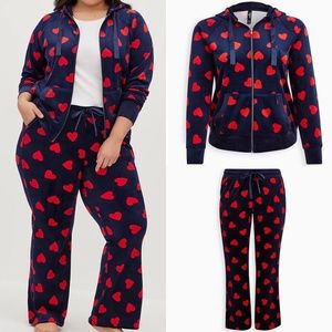 SET: Torrid Velour Hearts Navy & Red Zip Front Sleep Hoodie/Bootcut Pants 2X